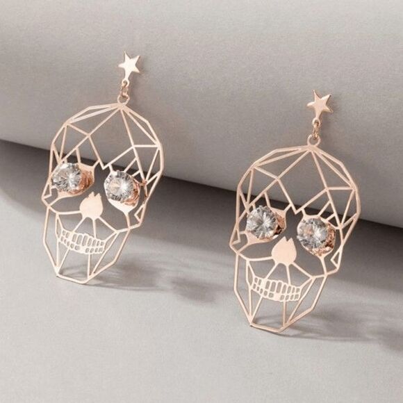 GOLD DIAMOND SKULL DANGLE EARRINGS - Picture 3 of 5